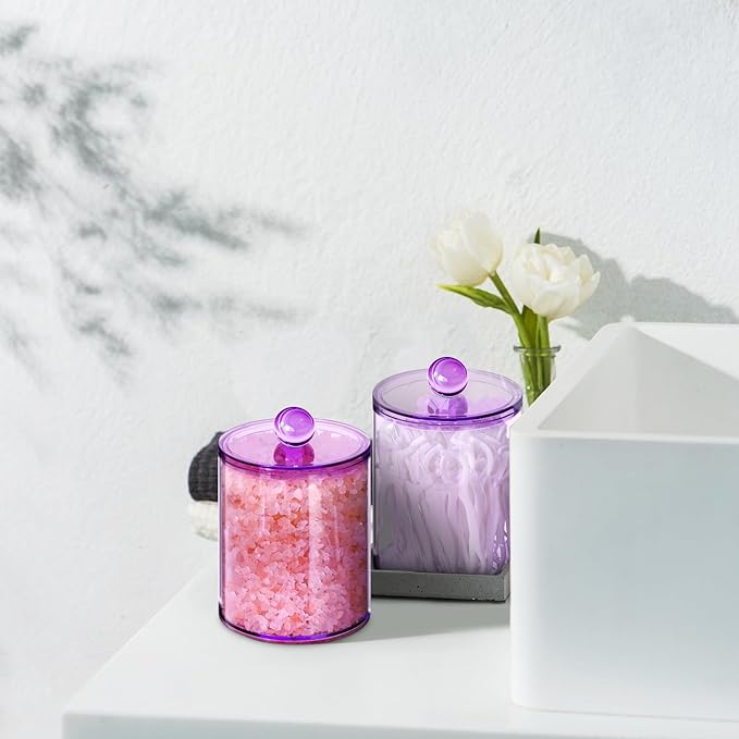XIPENGKEJI 6 Pack Qtip Holder,Canister Apothecary Jar Set, Bathroom Jars with Lids Set for Cotton Swabs, Balls, Pads, Floss Picks,10oz-12oz Plastic Canisters Restroom Bedroom Vanity Organizer(Purple)