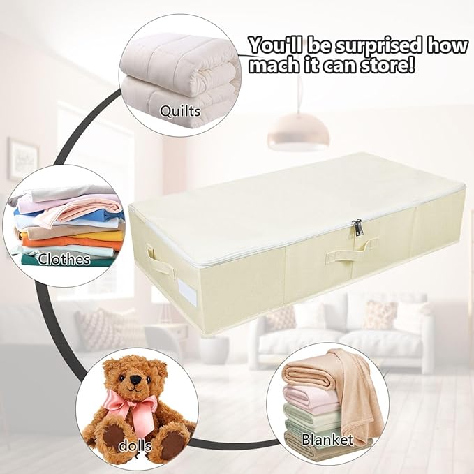 Under Bed Storage Bins with Lids, Closet Organizers, Foldable Under-bed Storage Baskets for Sheets, Clothes, Quilts, Sweaters, Wrapping Paper, 35x16.5x7inch, Beige, 2PCS