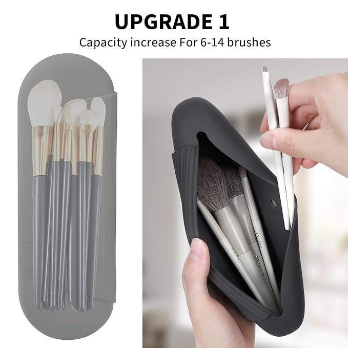 AGIKET Silicone Makeup Brush Holder Travel Cosmetic Bag：Soft Portable Cosmetic Face Brushes Holder with Upgrade Anti-Fall Out Magnetic Closure, Large Travel Makeup Brush Case - Grey