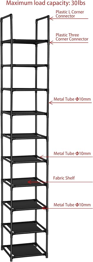 FIDUCIAL HOME 10 Tiers Shoe Rack Space Saving Vertical Single Pairs Sturdy Shoe Shelf Storage Organizer