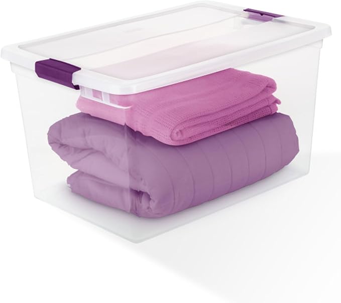 Sterilite 66 Qt ClearView Latch Storage Box, Stackable Bin with Latching Lid, Organize Clothes, Blankets, Items in Closet, Clear Base and Lid, 12-Pack