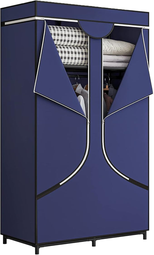 SORCEDAS Portable Wardrobe Closet Storage Organizer Metal Hanging Rack Non-Woven Fabric 34 Inch Coffee (34 Inch, Blue)