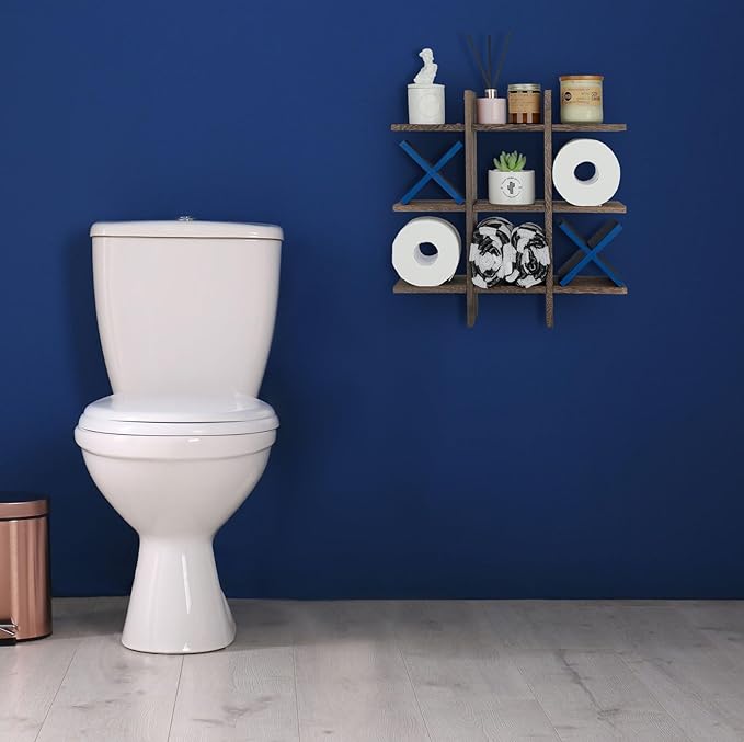 Weysat Tic Tac Toe Toilet Paper Holder Stand Bathroom Wall Decor Rustic Wooden Hanging Storage Freestanding Wall Mounted Shelves Decor for Toilet Tissue Farmhouse