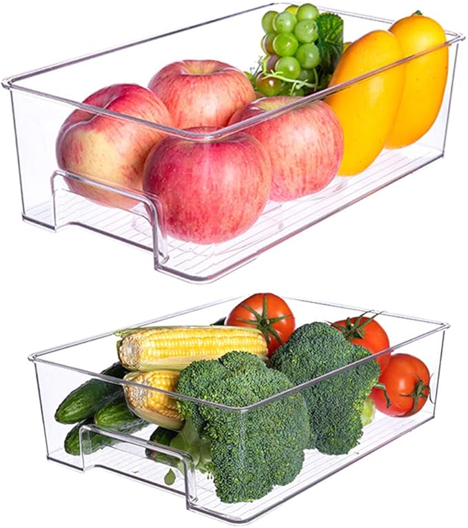 SANNO Vegetable Refrigerator Organizer Food Bins with lids Large Stackable Fridge Clear Organizers Kitchen Cabinet Organizer for Freezer, Kitchen, Countertops, Cabinets Pantry Storage Bins，set of 2