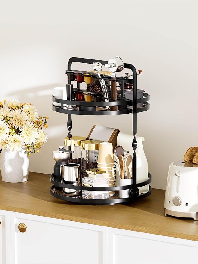 Rotating Makeup Vanity Organizer, 360 Spinning Perfume Organizer for Dresser, 2-Tier Black Bathroom Countertop Organizer, Lazy Susan Skincare Storage, Cosmetic Display with Makeup Brush Holder