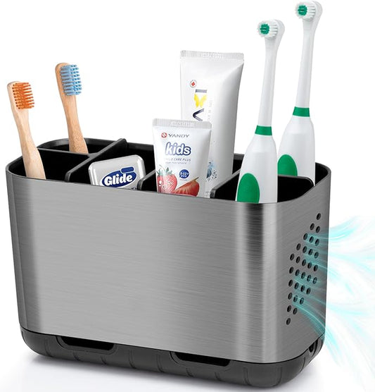 Toothbrush and Toothpaste Holder Brushed Nickel Drainage for Bathroom Vanity