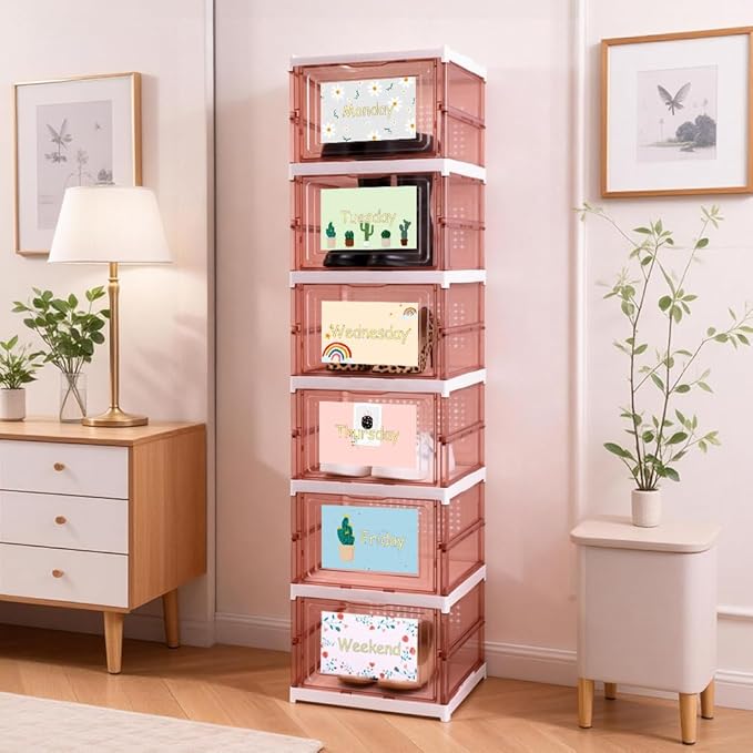 6 Shelf Weekly Clothes Organizer for Kids, Foldable Days of The Week Clothes Organizer with Door Hanging Closet Organizer Storage for Boys and Girls Monday Through Friday Essential Stuff (Brown)