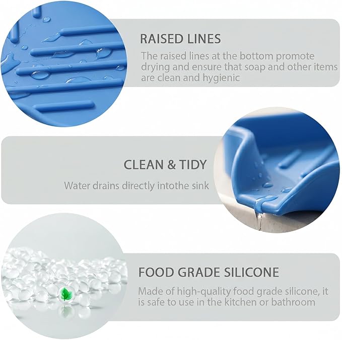 MicoYang Silicone Soap Dish with Drain Spout — Self-Draining Sink Organizer Tray for Bathroom & Kitchen, Holds Bar Soap, Sponges & Dispensers, Non-Slip & Dishwasher Safe, Lichen Blue(Small, 4.9"×3.2")