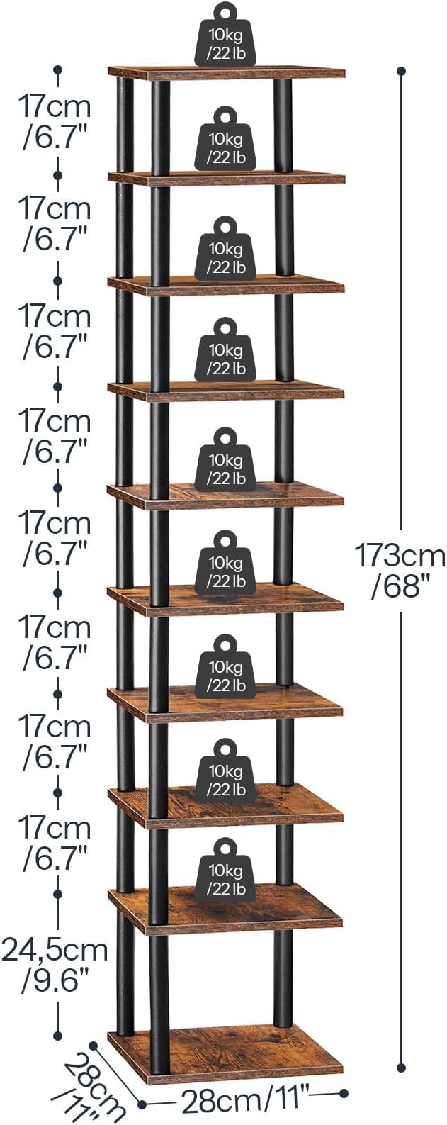 HOOBRO Vertical Shoe Rack, 10-Tier Narrow Shoe Shelf, Shoe Storage Organizer for Small Space, 11" L x 11" W x 68" H, Closet, Entryway, Hallway, Bedroom, Rustic Brown and Black BF32XJ01