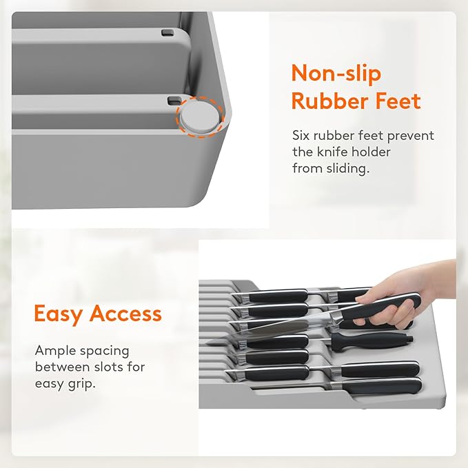 Lifewit Magnetic Drawer Knife Organizers Insert, Kitchen Plastic In Drawer Knife Block Slots, Steak Chefs Knives Holder Storage Sets for 12 Knives and 1 Sharpening Steel, Large, Gray
