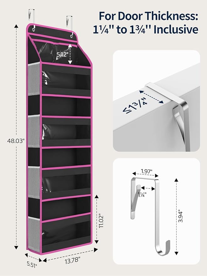 Yecaye 5 Tier 1Pc Over the Door Organizer, Stuffed Animal Storage with Clear PVC Windows, Door Organizer Hanging for Bedroom Nursery Closet Dorm Room Laundry Pantry Bathroom, Black and Pink, 1 Pack