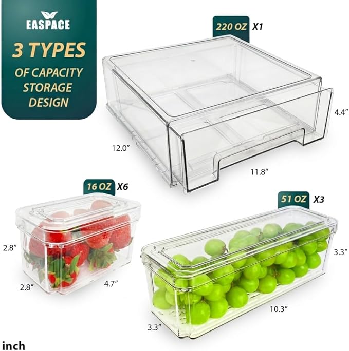 Fridge Organizer Bins with Drawer, 10-Pack Clear Stackable Container Set, BPA-Free Plastic Refrigerator Storage Containers for Food, Fruits, Vegetables, Meats, Salads (Multi-Purpose)