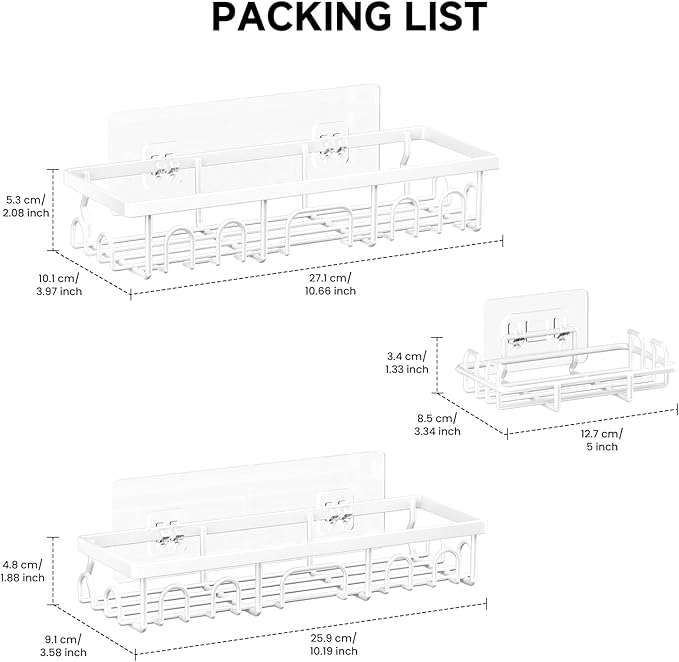 Shower Caddy, 3 Pack Shower Shelves for Inside Bathroom, White