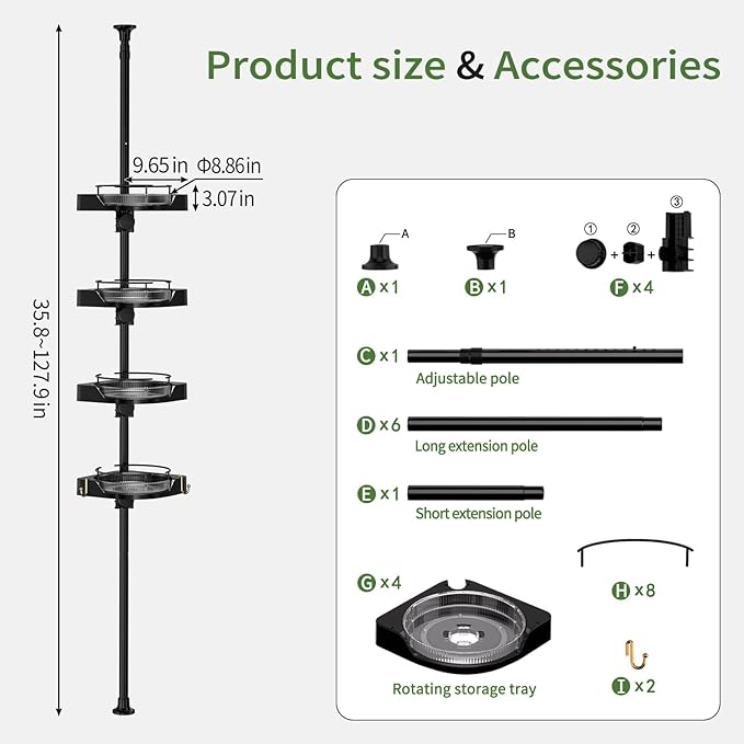 akinbas Shower Caddy Tension Pole with 4 Lazy Susan Organizer 360 Rotating 35-128 Inch No Drilling Floor Standing Shelves Adjustable Shower Rack for Bathroom Corner (Black)