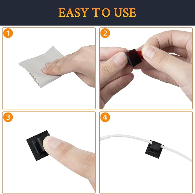 SOULWIT 50 Pcs Self Adhesive Cable Management Clips, Cable Organizers Sticky Wire Clips Cord Holder for TV PC Laptop Ethernet Cable Desktop Home Office (Black)