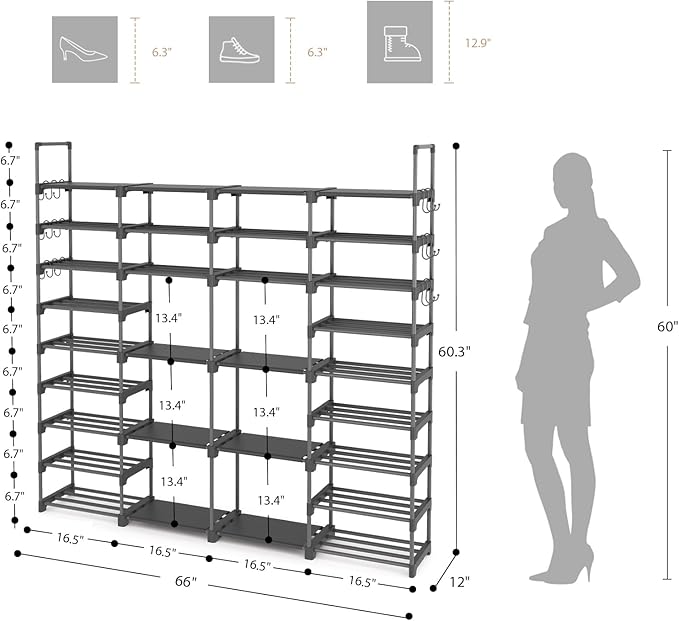 ROJASOP Large Shoe Rack Organizer for Entryway Closet 64-68 Pairs 9-Tier Heavy Duty Tall Garage Shoe Rack Shoe Shelf Shoes Storage with 18 Pcs Removable Side Hooks for Bedroom and Garage Grey