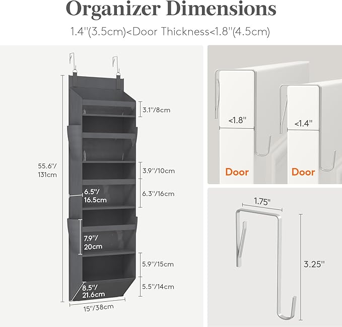 Lifewit 1 Pack Over the Door Organizer, 5 Section Clear Window Hanging Storage with 4 Side Pockets, Sturdy Anti Tilt 40 lbs Load Behind Door for Closet, Bedroom, Bathroom, Nursery, Dorm, Dark Gray
