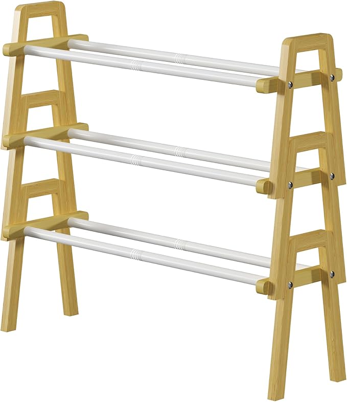 3-Tier Bamboo Shoe Rack Stackable, Shoe Organizer for Entryway and Closet, Modular Small Shoe Storage Shelf, Space-Saving Free Standing, Holds 12-16 Pairs of Shoes, Natural Color