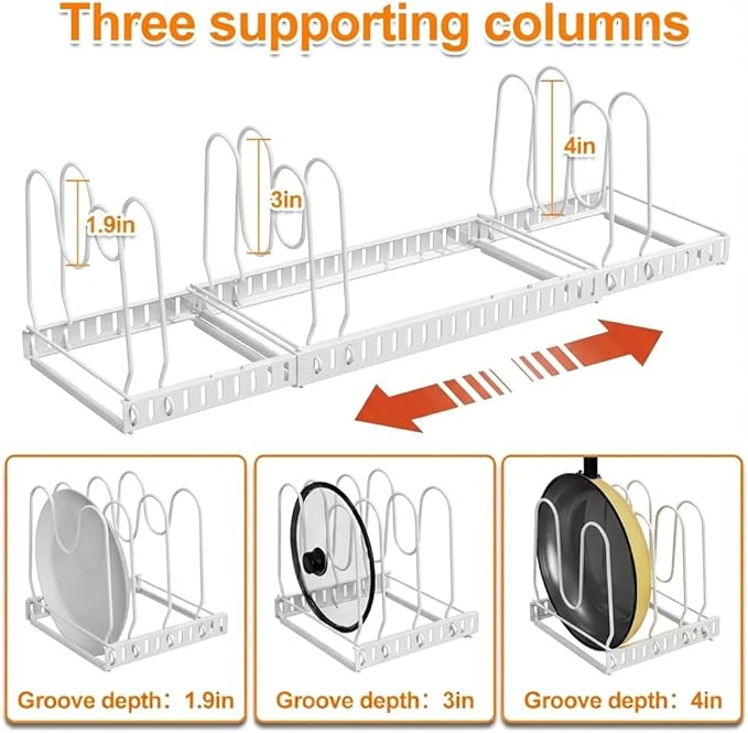 Pot And Pan Organizer Under Cabinet, Expandable Pans and Pots Organizer Rack Pot Lid Holder Shelf with 12 Different Size Dividers (12 Brackets-White)