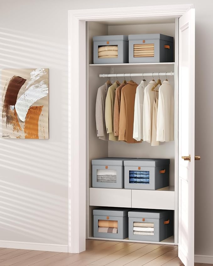 Homsorout Storage Bins with Lid – Closet Organizer with Side Opening and Clear Window, Foldable Stackable Fabric Basket for Clothes, Home, Office - 13.77" x 11.8" x 9.8", 6 Pack, Grey