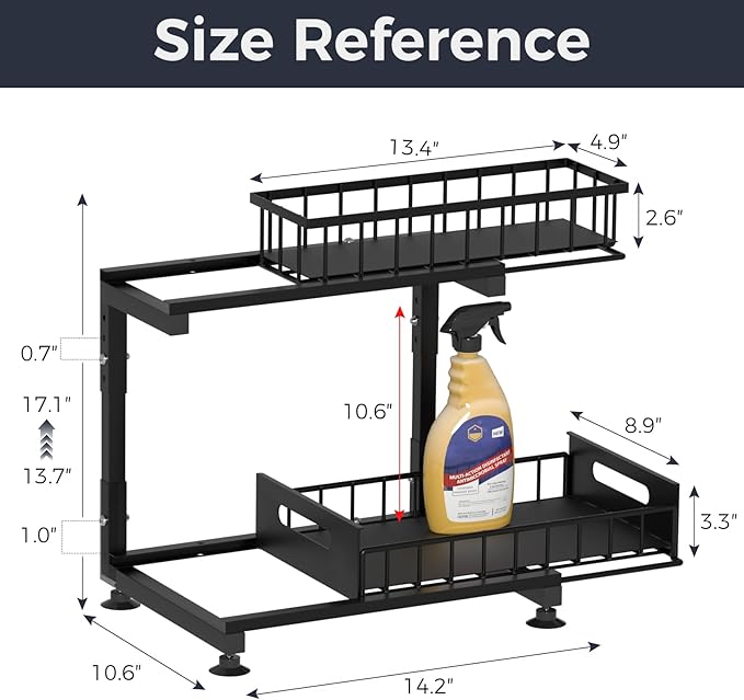 Saydear Under Sink Organizer, 2-Tier Premium Metal Pull-Out Racks with Adjustable Height, Heavy Duty Sliding Bin for Bathroom and Kitchen Cabinet Storage, Rust Resistant 1 Pack Black
