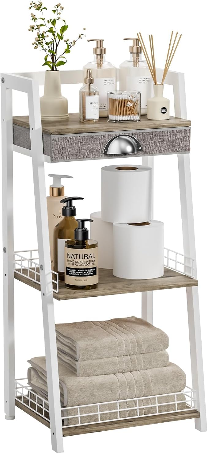 keomaisyto 3-Tier Small Bathroom Shelves with Drawer, Floor Storage Shelf, Small Bathroom Stand Rack, Freestanding Ladder Shelf for Living Room Bedroom, White
