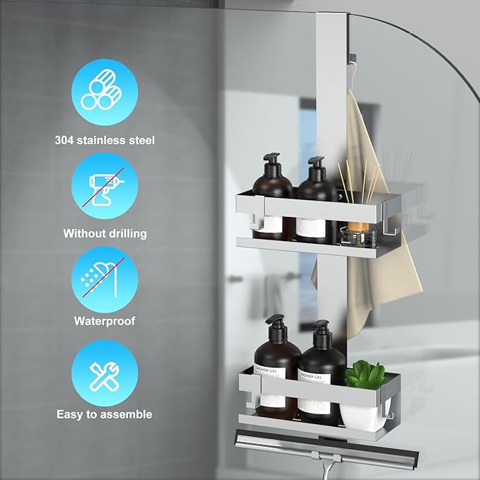 Shower Caddy Hanging, SUS304 Stainless Steel, Over Frameless Glass Door Shower Shelf, Bathroom Organizer/Rack No Drilling, Silver