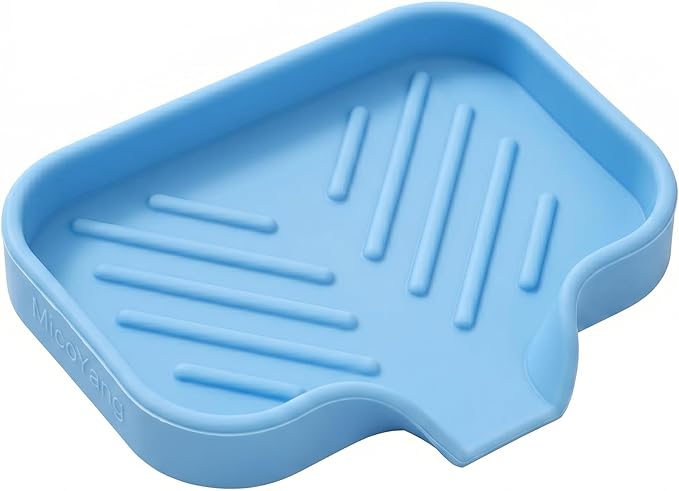 MicoYang Silicone Soap Dish with Drain Spout — Self-Draining Sink Organizer Tray for Bathroom & Kitchen, Holds Bar Soap, Sponges & Dispensers, Non-Slip & Dishwasher Safe, Light Blue (Small, 4.9"×3.2")