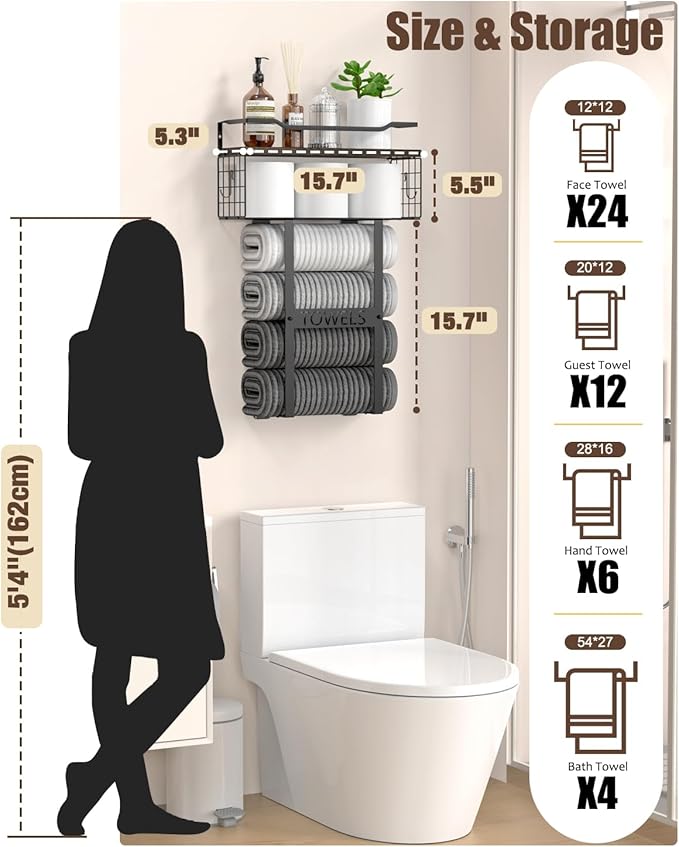 Rustic Brown Wood Vertical Towel Rack, Bath Wall Holder Set Above Toilet Storage