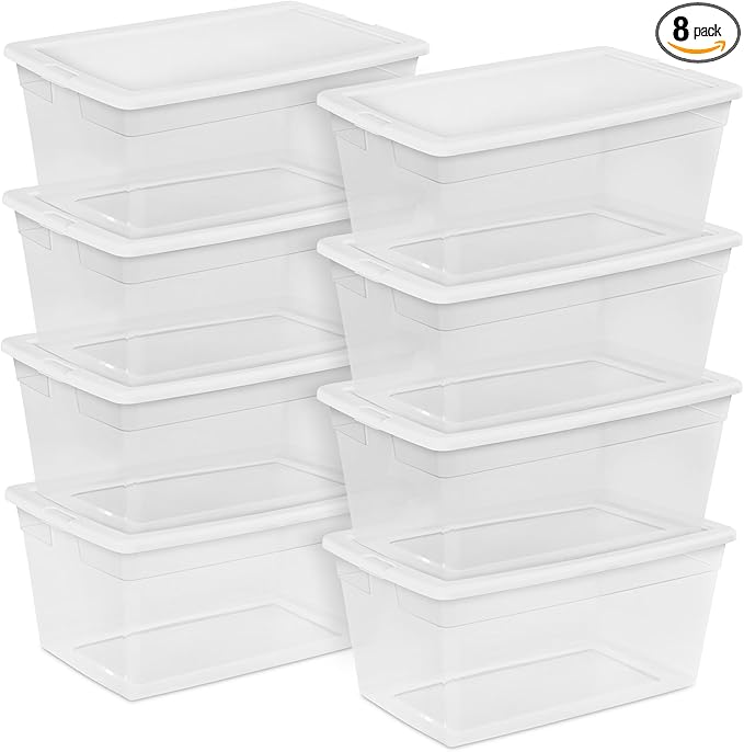 Sterilite 8-Pack 90 Quart Storage Box, Stackable Clear Plastic Bins with Snap-On Lids - Heavy-Duty Organizing Containers for Closet, Bathroom, and Office