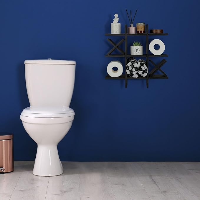 Weysat Tic Tac Toe Toilet Paper Holder Stand Bathroom Wall Decor Rustic Wooden Hanging Storage Freestanding Wall Mounted Shelves Decor for Toilet Tissue Farmhouse