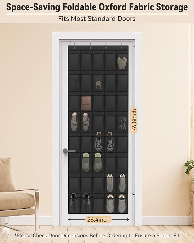 dodowin Over the Door Shoe Organizers, 2 Pack - 40 Deep Mesh Pockets Each, Over The Door Shoe Rack with 4 Metal Hooks Each, Space Saving Hanging Storage Holder for Closets, Shoes & Accessories, Black