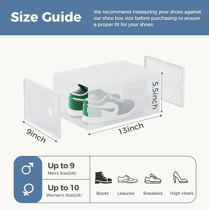 DUMOS Shoe Storage Boxes, 15-Pack Stackable Clear Shoe Containers with Lids, Display Sneaker Case Organizer for Closet, Under Bed, Entryway,White, Fit Size 9
