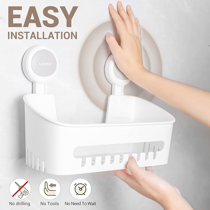 LUXEAR Shower Caddy Suction Cup 2 Pack Suction Shower Basket + Soap Dish Holder NO-Drilling Removable One Second Installation Shower Organizer Powerful Waterproof Bathroom Caddy Storage