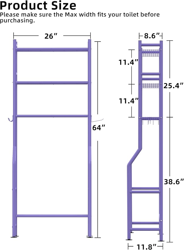 Livilord 3-Tier Over The Toilet Storage, Freestanding Metal Bathroom Shelves with 4 Hooks, Over Toilet Storage Shelf with Paper Holder, Above The Toilet Shelf for Bathroom Storage, Purple