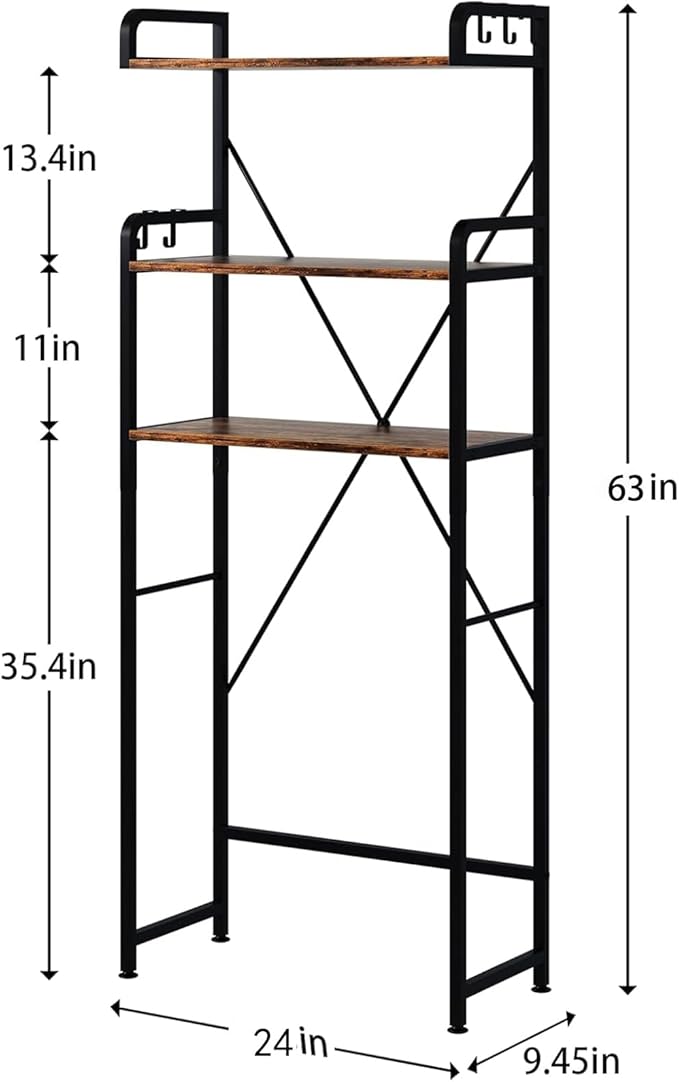 Huhote Over The Toilet Storage Rack with 3-Tier Bathroom Shelves, Space Saver Toilet Shelf, Bathroom Storage Organizer with Hooks for Over Toilet Storage and Shelf (Rustic Brown)