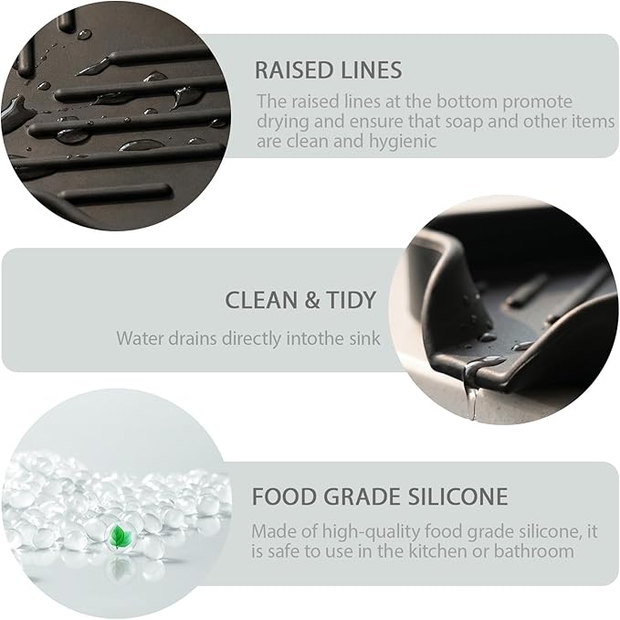 MicoYang Silicone Soap Dish with Drain Spout — Self-Draining Sink Organizer Tray for Bathroom & Kitchen, Holds Bar Soap, Sponges & Dispensers, Non-Slip & Dishwasher Safe, Black (Small, 4.9"×3.2")