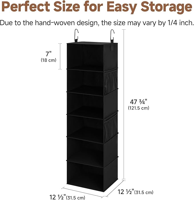 StorageWorks Hanging Closet Organizer, 6-Shelf Hanging Shelves with 2 Hooks, Foldable Space-Saving Design, Closet Organizers and Storage for Bedroom, Dorm, Locker, Black
