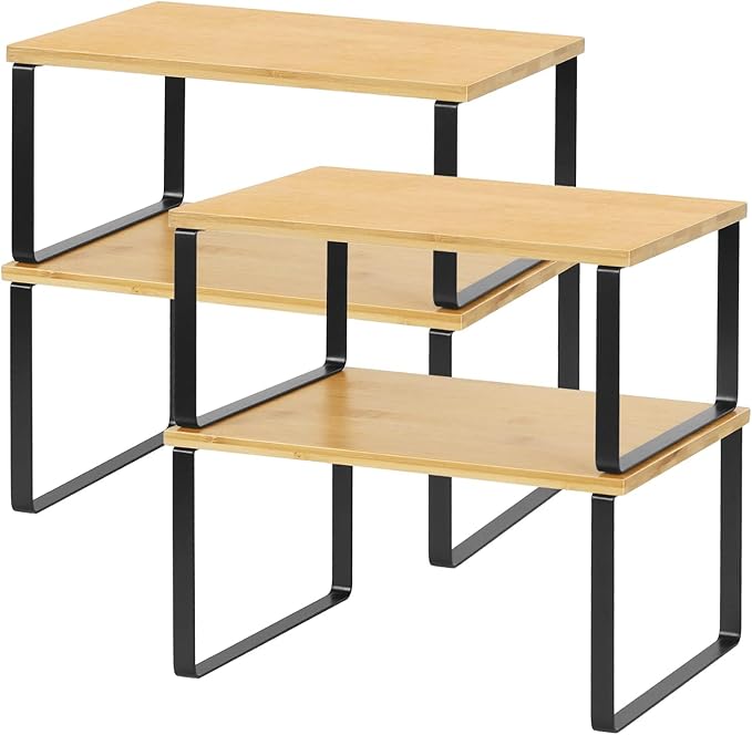 NEX Cabinet Organizer Shelf Set of 4, Stackable Kitchen Counter Shelves, Expandable Spice Rack Pantry Organizers, Bathroom Cupboard Storage Desk Riser, Bamboo and Metal, Black