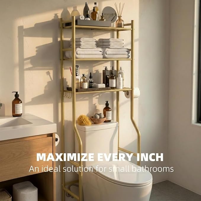 GloTika 3-Tier Over Toilet Storage with Anti-Tilt Safety System - 150lb Total Capacity Metal Bathroom Shelves Including Paper Holder & 4 Hooks, Space Saving Above Commode Organizer (64" H, Gold)