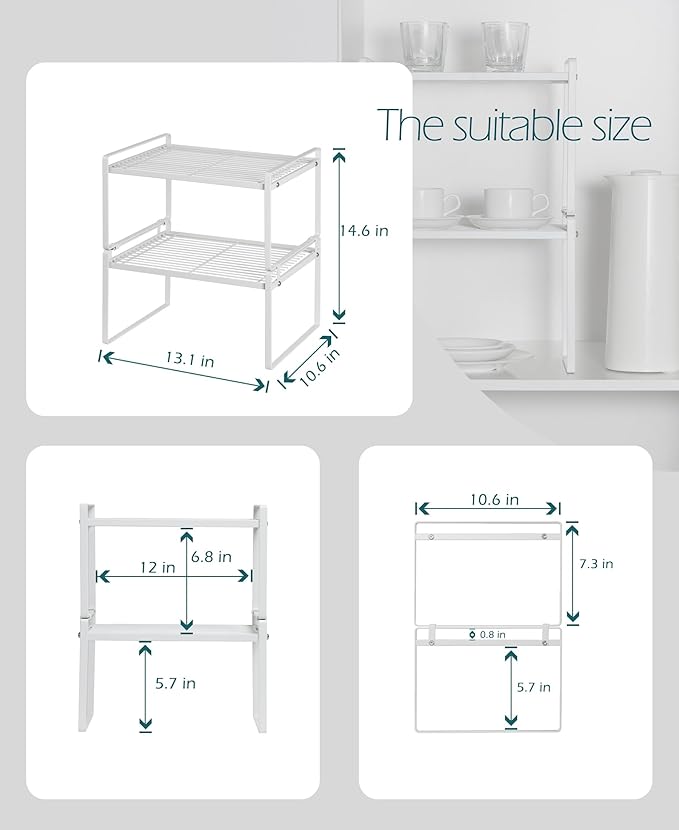 Shantton 2Pack Kitchen Cabinet Shelf Counter Organizer Rack Pantry Storage Bathroom Bedroom Office Table Desk Space Saving Stackable Rust Resistant Non Slip White Wide L13.1in W10.6in H7.3in