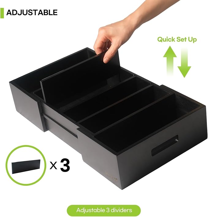 CLEANCLUE Expandable Kitchen Cabinet Organizer for Food Storage Container Lids, Bamboo Drawer Caddy Adjustable Dividers, Box for Kitchen Storage and Organization, Lids Organizer for Cabinet (Black)