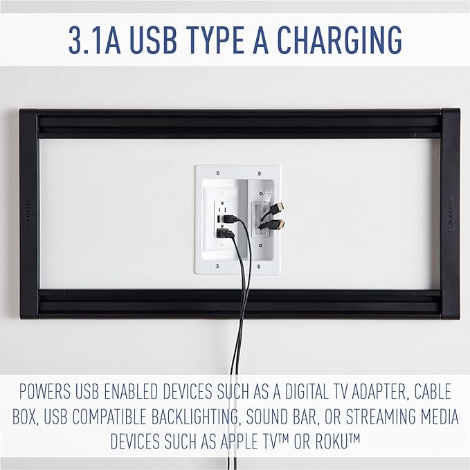 Legrand - OnQ in Wall Cable Management Kit with USB, TV Outlet Wall Kit Hides Cords, in Wall TV Power Kit Works with All Plugs, Recessed TV Outlet, White, HT21USBWHV1 (Hardwired)