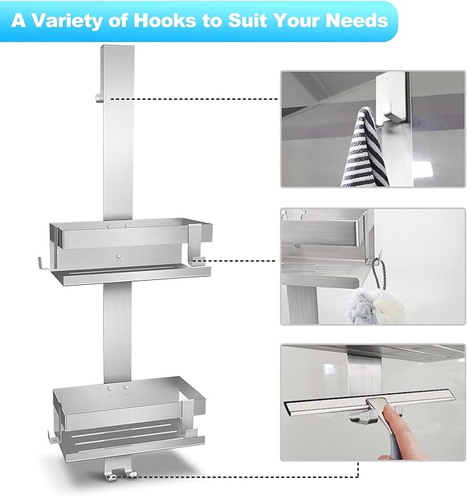 Shower Caddy Hanging, SUS304 Stainless Steel, Over Frameless Glass Door Shower Shelf, Bathroom Organizer/Rack No Drilling, Silver