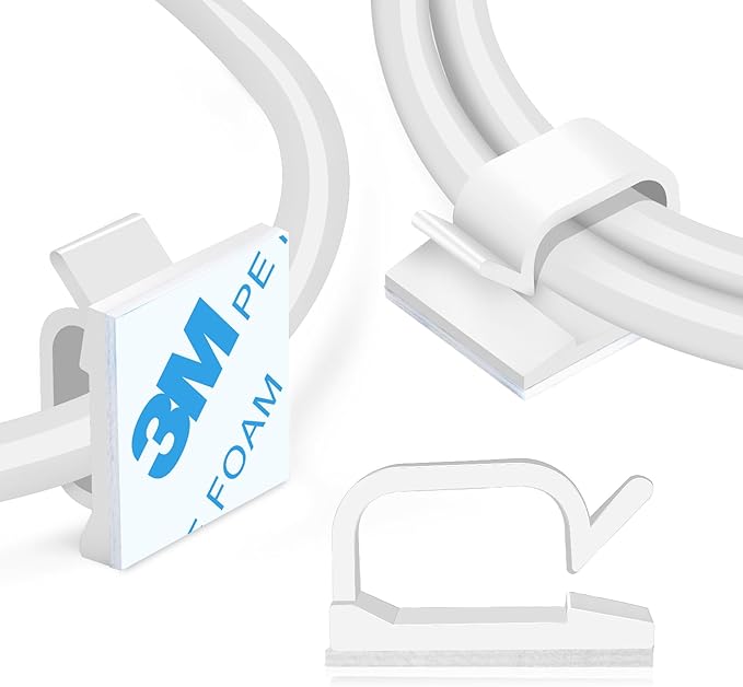 XHF 5/8” Adhesive Cord Clips White 60PCS, Outdoor Christmas Light Clips, Cable Management Staples for Under Desk, Car, Wall, TV, PC, Ethernet