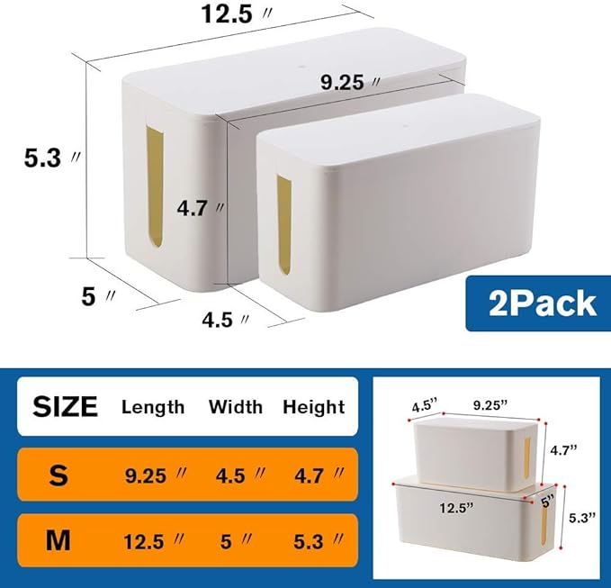 Cable Management Box, 2 Set Cable Organizer for Cable and Cord Management, White