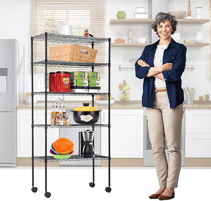 5-Tier Wire Storage Shelves with Wheels, 14x30x60, Black, Adjustable Racks