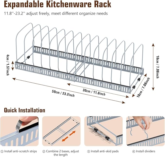 Housolution Cutting Board Organizer Rack, Expandable Baking Tray and Cookie Sheet Organizer with 14 Adjustable Dividers, Bakeware Muffin Tin Cupcake Pan Storage Organizer for Cabinet, Gray