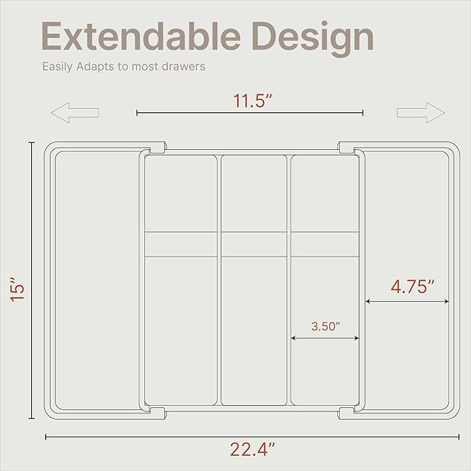 Black Expandable Utensil Drawer Organizer 1 Pack, Adjustable 13” to 22.4”, 5 Compartment Silverware Organizer for Kitchen Utensils, Spatulas, Cutlery, and Tools, Easy to Clean, Durable, and BPA-Free