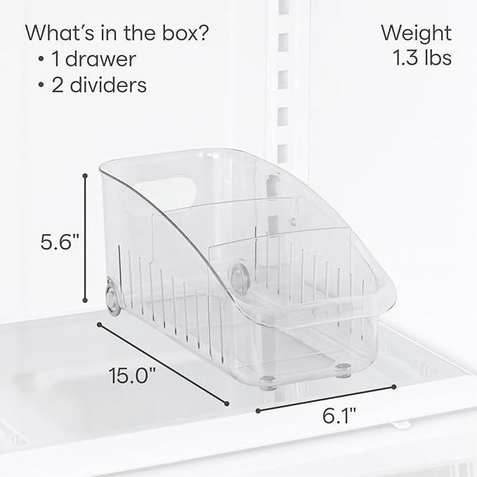 YouCopia RollOut Fridge Drawer 6", BPA-Free Clear Rolling Refrigerator Organizer Bin with Adjustable Dividers and Handles for Produce, Food, Meal and Snack Storage